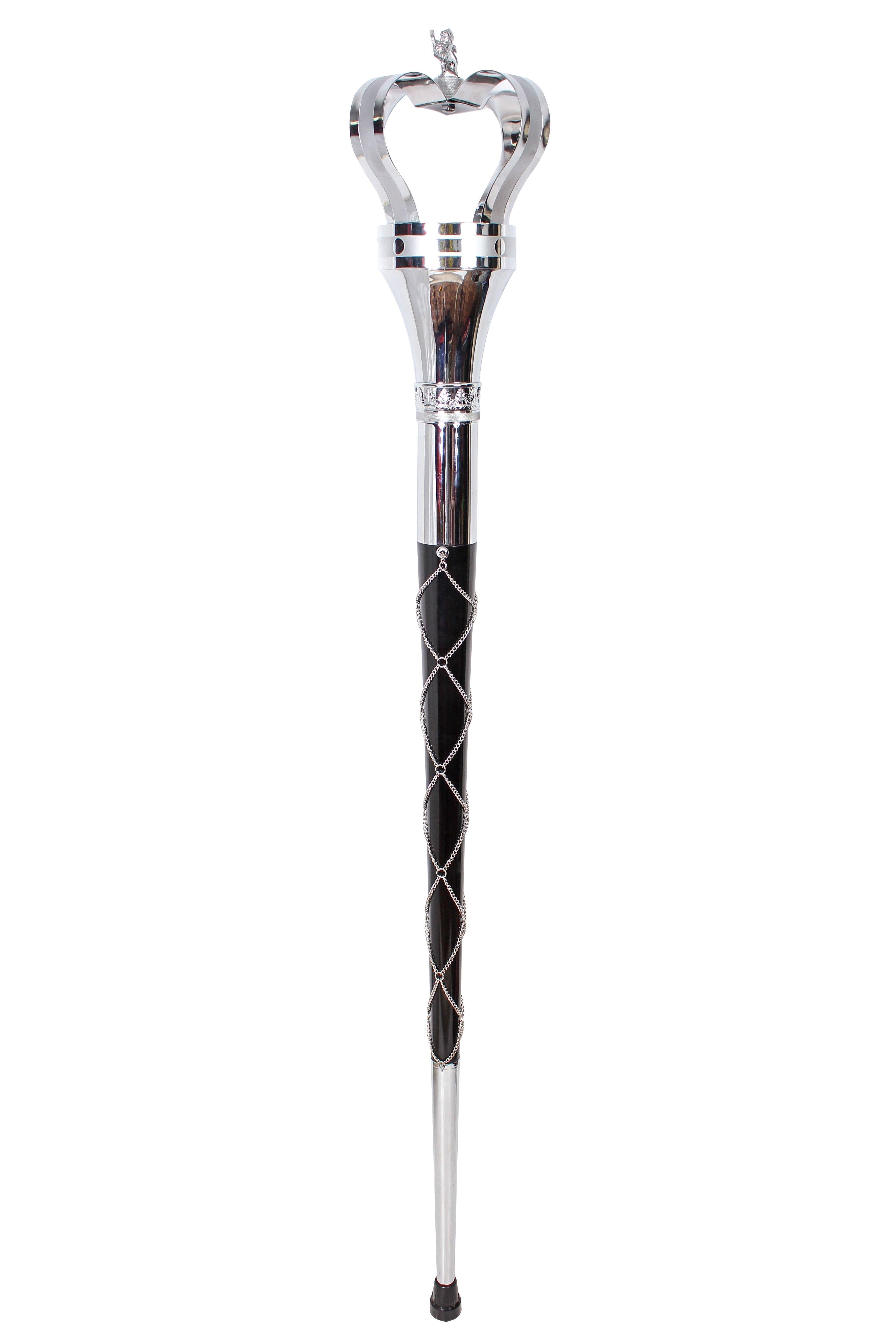 Premium Crown Mace Large 60" In 3 Shafts - Chrome Plated Metal Parts Including Chain - Lion Top in Std Size Quick Screw Assembled - biznimart