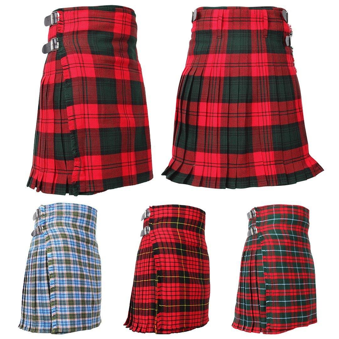 Super Acrylic Wool 13oz Scottish Tartan Kilts 8 Yards With Box Pleats 24" Regular Drop Fringed Apron 3 Metal Buckles Leather Straps - biznimart