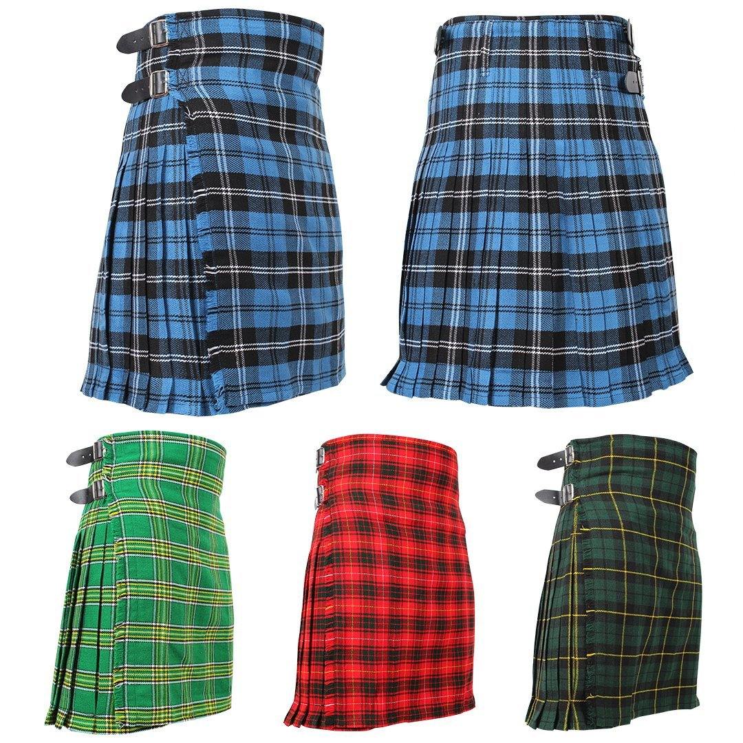 Super Acrylic Wool 13oz Scottish Tartan Kilts 8 Yards With Box Pleats 24" Regular Drop Fringed Apron 3 Metal Buckles Leather Straps - biznimart