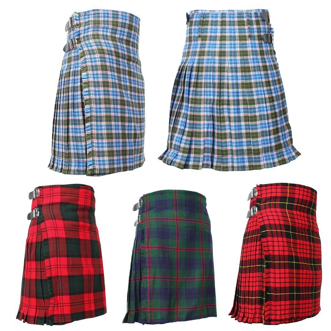 Super Acrylic Wool 13oz Scottish Tartan Kilts 8 Yards With Box Pleats 24" Regular Drop Fringed Apron 3 Metal Buckles Leather Straps - biznimart