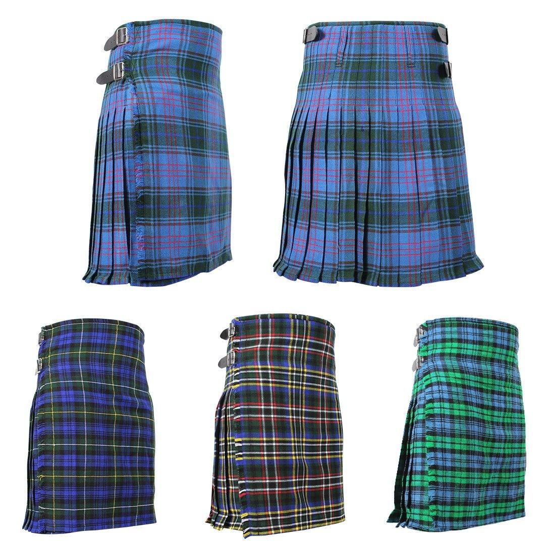 Super Acrylic Wool 13oz Scottish Tartan Kilts 8 Yards With Box Pleats 24" Regular Drop Fringed Apron 3 Metal Buckles Leather Straps - biznimart