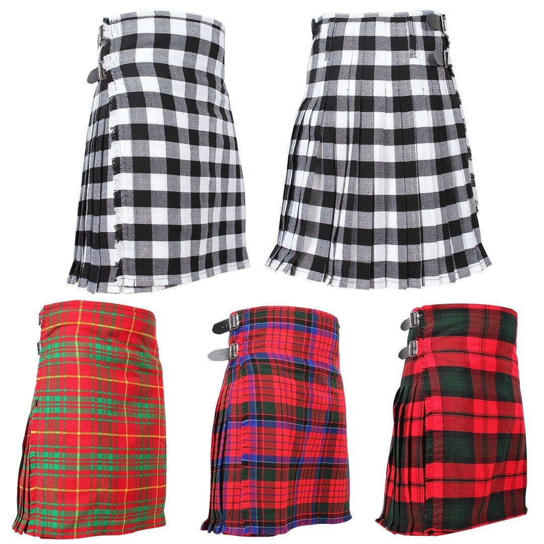 Super Acrylic Wool 13oz Scottish Tartan Kilts 8 Yards With Box Pleats 24" Regular Drop Fringed Apron 3 Metal Buckles Leather Straps - biznimart