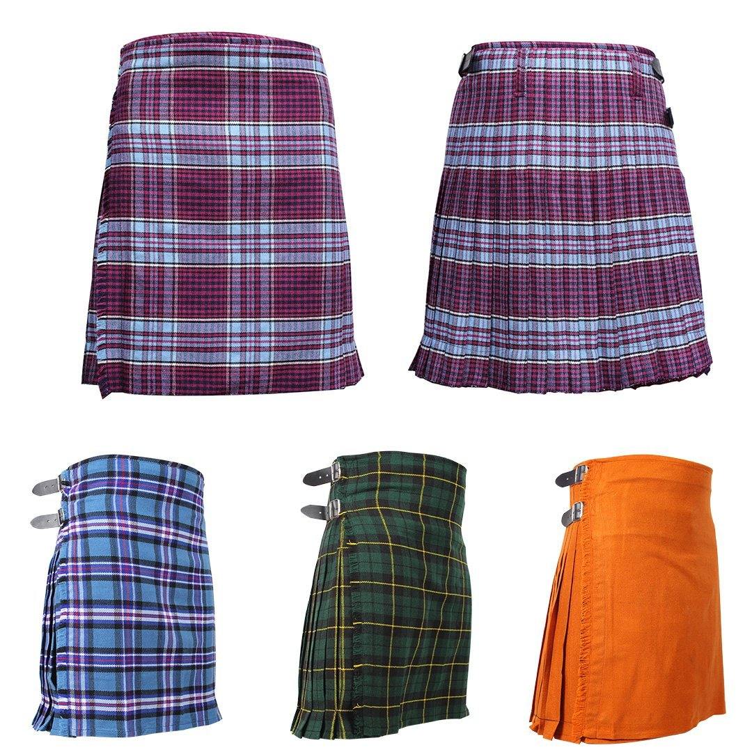 Super Acrylic Wool 13oz Scottish Tartan Kilts 8 Yards With Box Pleats 24" Regular Drop Fringed Apron 3 Metal Buckles Leather Straps - biznimart