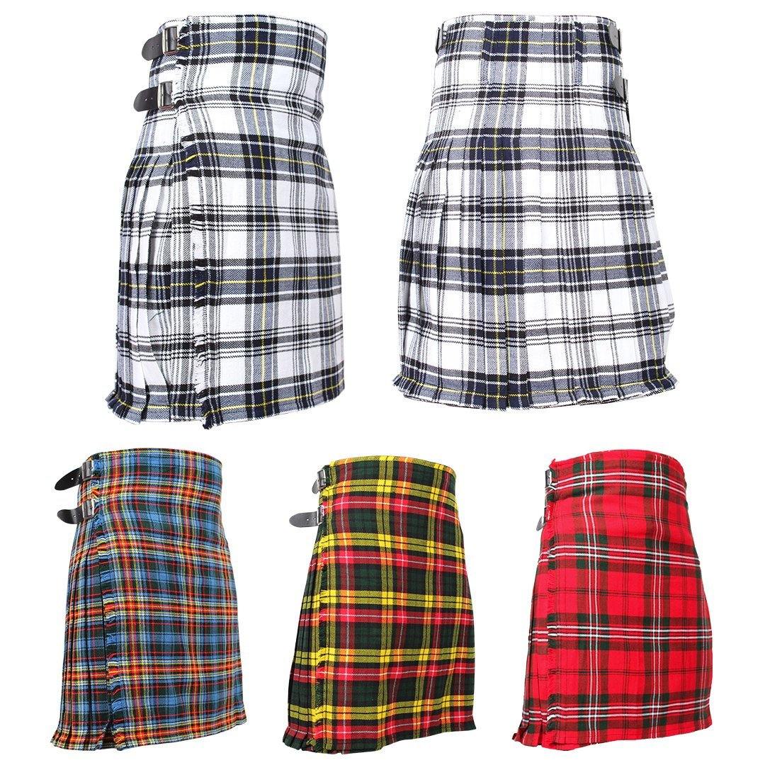 Super Acrylic Wool 13oz Scottish Tartan Kilts 8 Yards With Box Pleats 24" Regular Drop Fringed Apron 3 Metal Buckles Leather Straps - biznimart