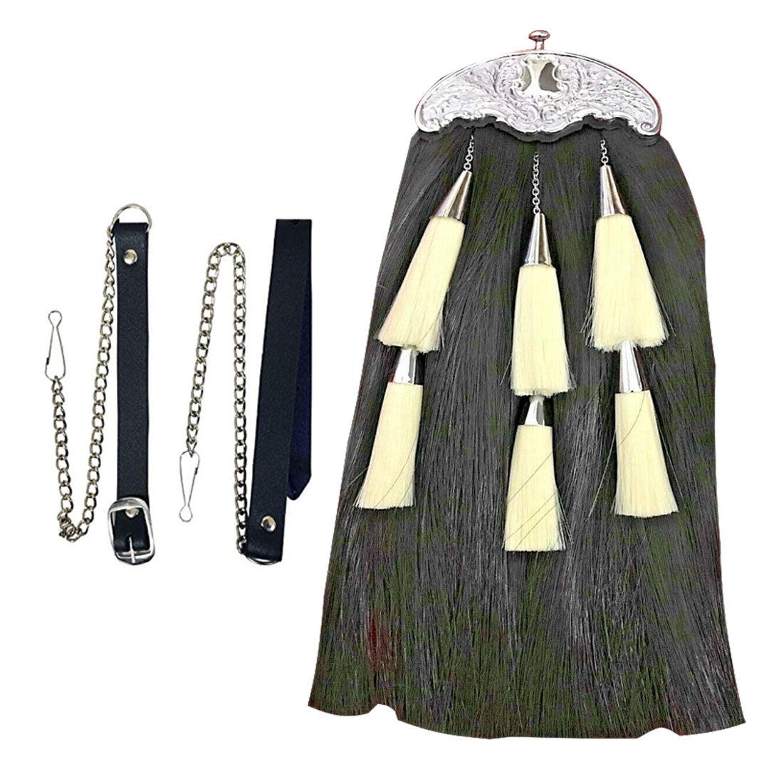 Long Hair Sporran Black Body And 6 White Tassels With Chain Belt - biznimart