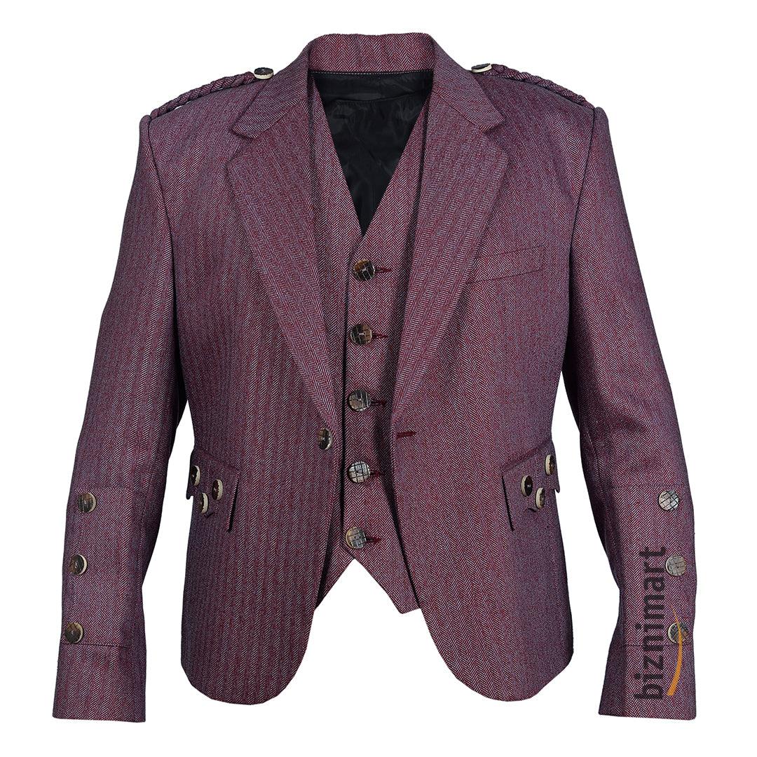 Maroon Pure Wool Tweed Argyll Jacket With Waistcoat/Vest - biznimart