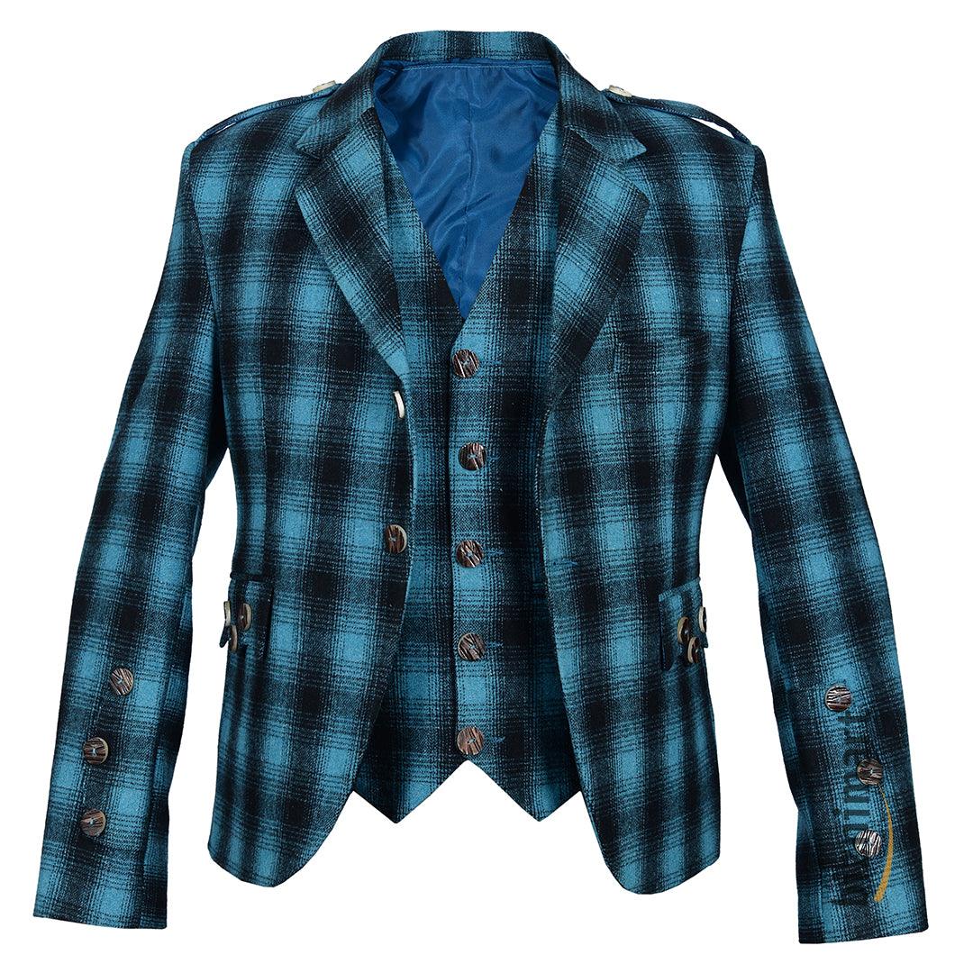 Blue And Black Pure Wool Argyll Jacket With Waistcoat/Vest - biznimart