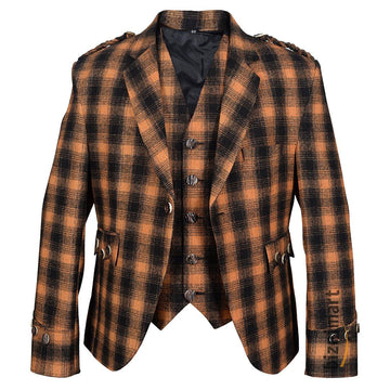 Black And Orange Pure Wool Argyll Jacket With Waistcoat/Vest - biznimart