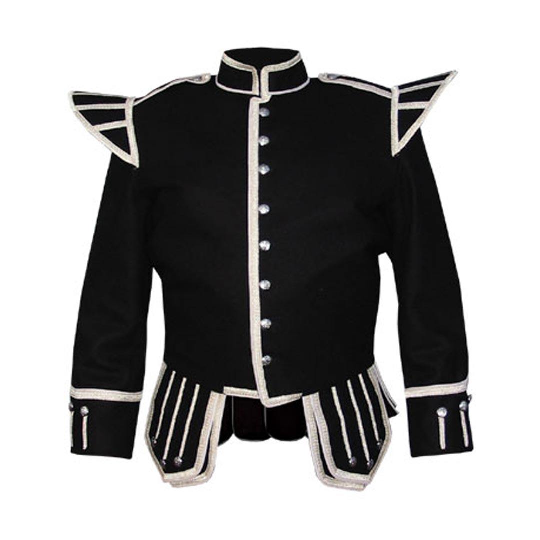 Black Blazer Wool Pipe Band Doublet With Silver Braid And Trim