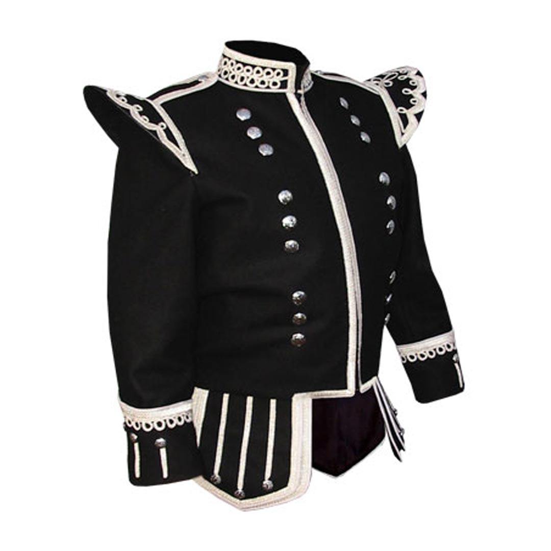 Black Pipe Band Doublet With Scrolling Trim Zip Front