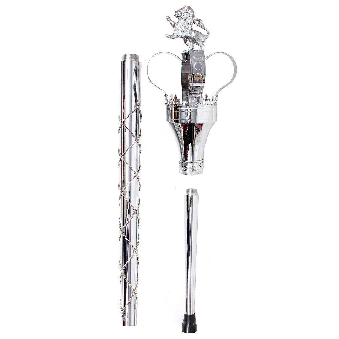 Premium Crown Mace Large 60" In 3 Shafts - Chrome Plated Metal Parts Including Chain - Lion Top in Std Size Quick Screw Assembled - biznimart