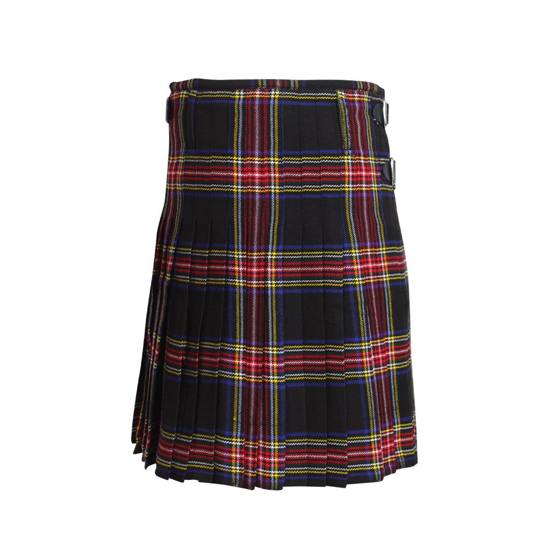 Scottish Black Stewart Tartan Kilt 8 Yards With Box Pleats Medium Weight 13oz Leather Straps
