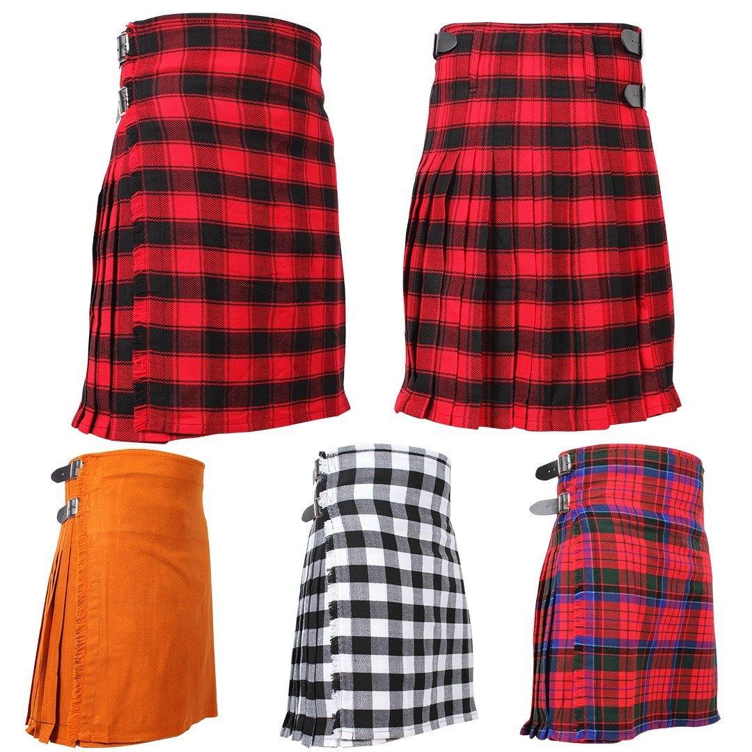 Super Acrylic Wool 13oz Scottish Tartan Kilts 8 Yards With Box Pleats 24" Regular Drop Fringed Apron 3 Metal Buckles Leather Straps - biznimart