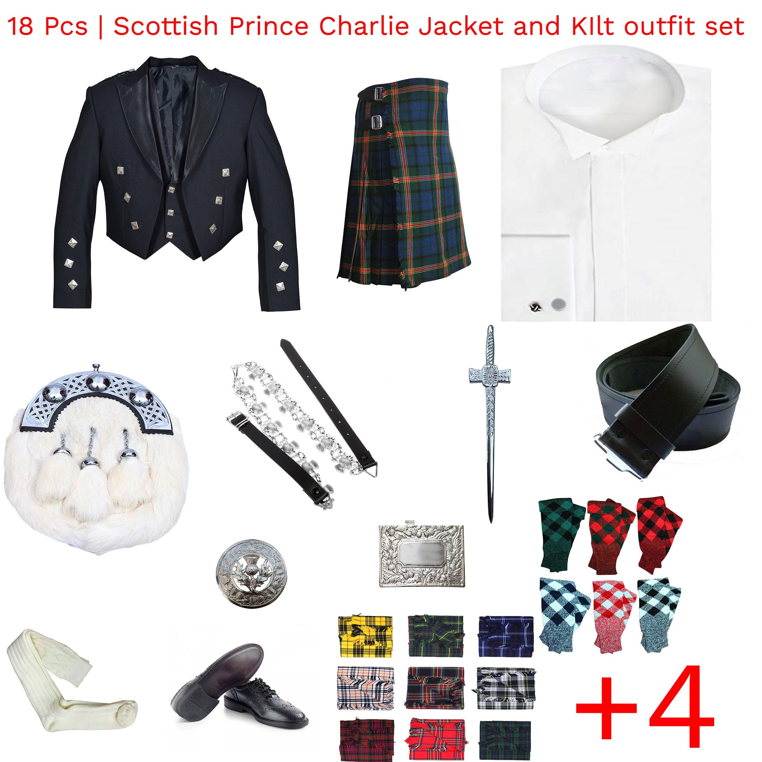 18 PCS Scottish Prince Charlie Jacket, Vest & Kilt Outfit Set - biznimart