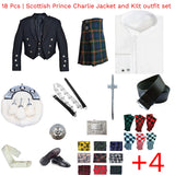 18 PCS Scottish Prince Charlie Jacket, Vest & Kilt Outfit Set