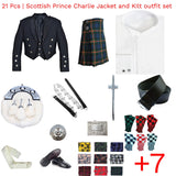 21 PCS Scottish Prince Charlie Jacket, Vest & Kilt Outfit Set