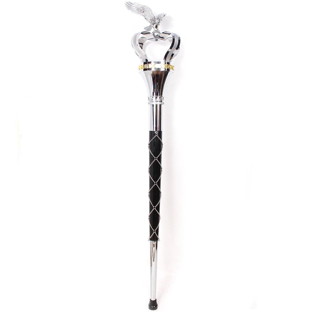 Premium Crown Mace Large 60" In 3 Shafts - Chrome Plated Metal Parts Including Chain - Lion Top in Std Size Quick Screw Assembled - biznimart