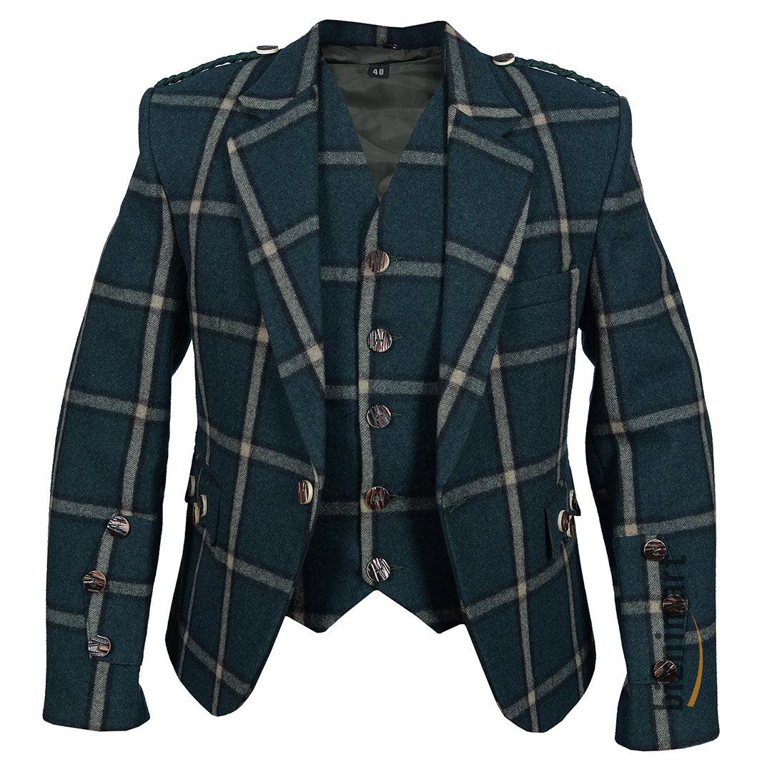 Green Pure Wool Argyll Jacket With Waistcoat/Vest - biznimart