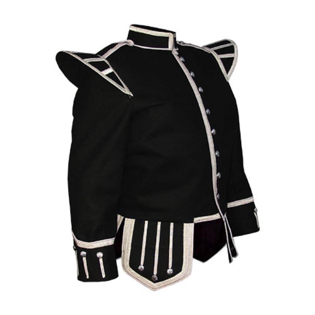 Black Blazer Wool Pipe Band Doublet With Silver Braid And Trim