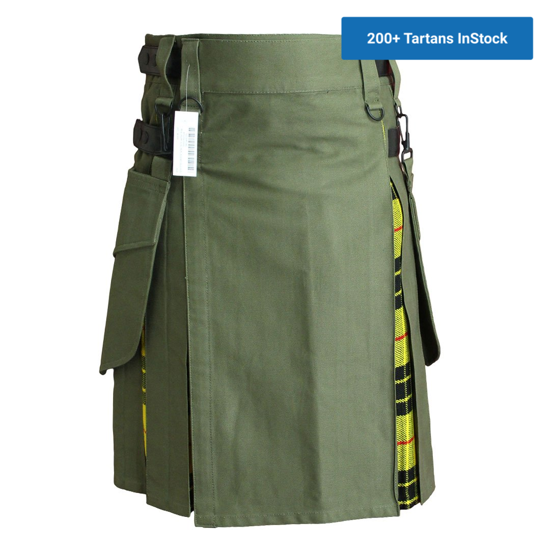 imperial-highland-supplies-olive-green-hybrid-kilt-with-macleod-of-lewis-tartan-front