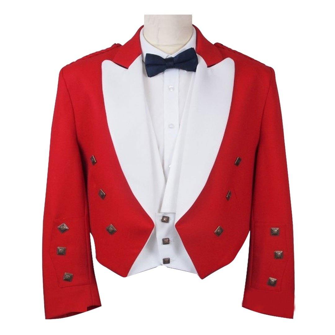 Red Formal Prince Charlie Jacket White Lapels And 3 button Vest - biznimart