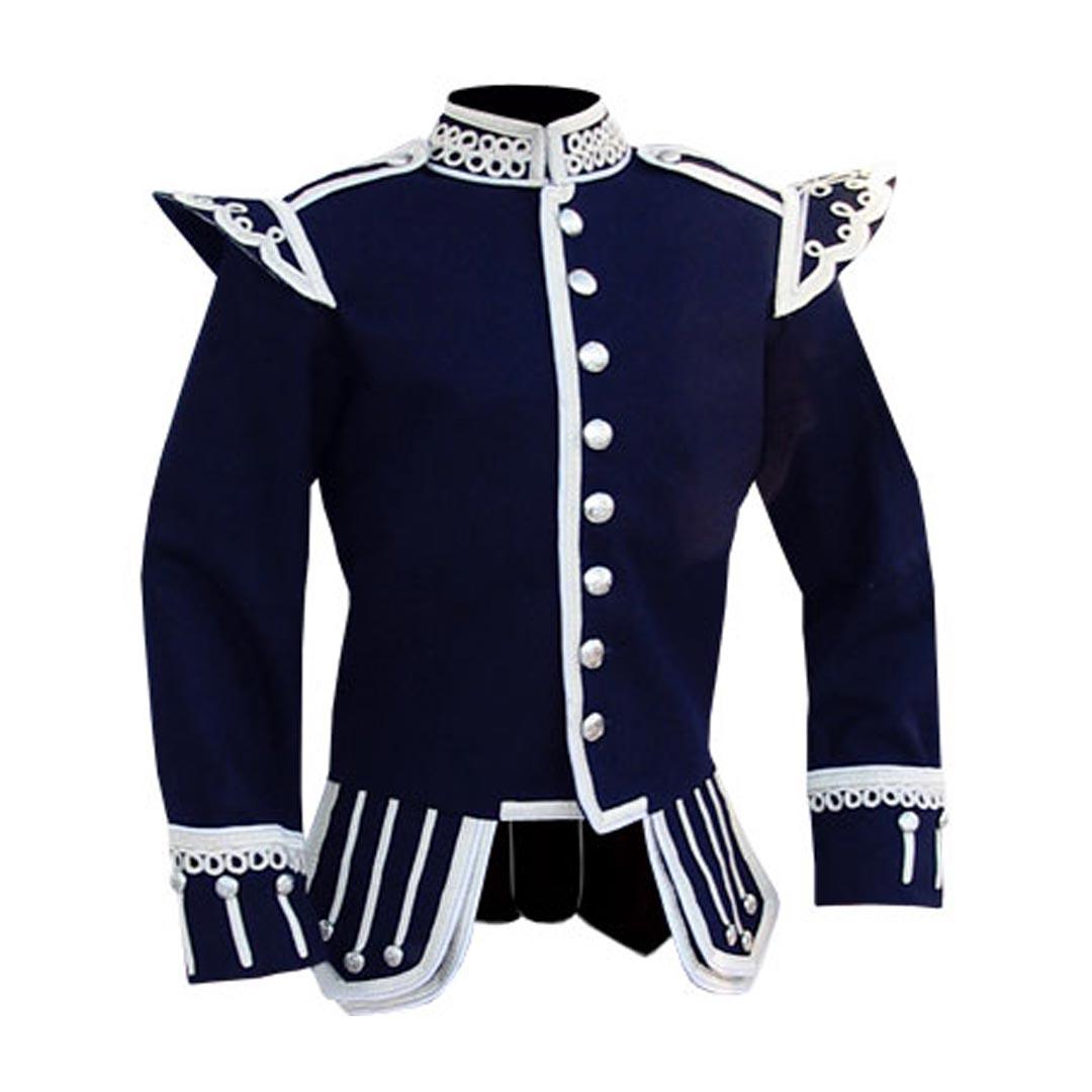 Navy Blue Pipe Band Doublet With Scrolling Silver Braid