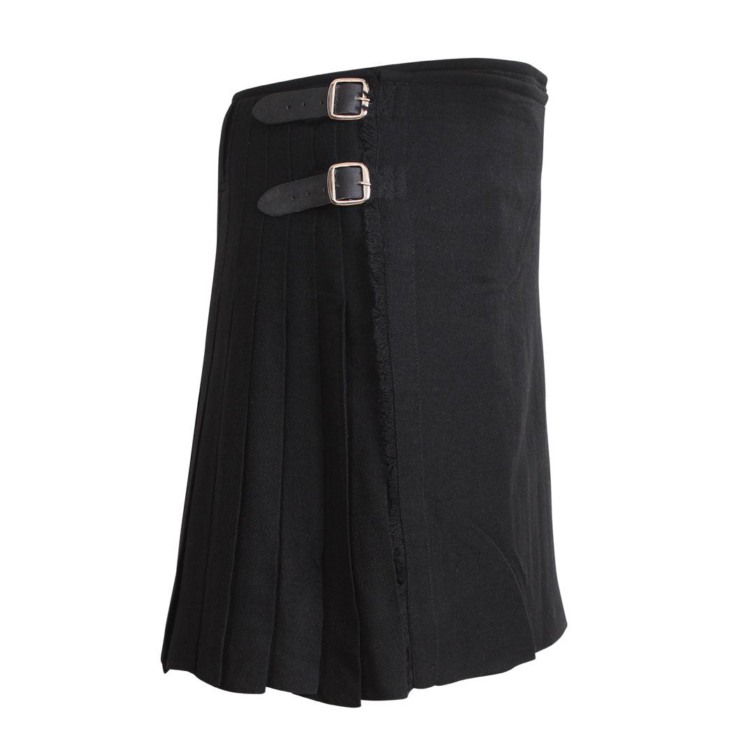 Scottish Solid Black Tartan Kilt 8 Yards With Box Pleats Medium Weight 13oz Leather Straps - biznimart